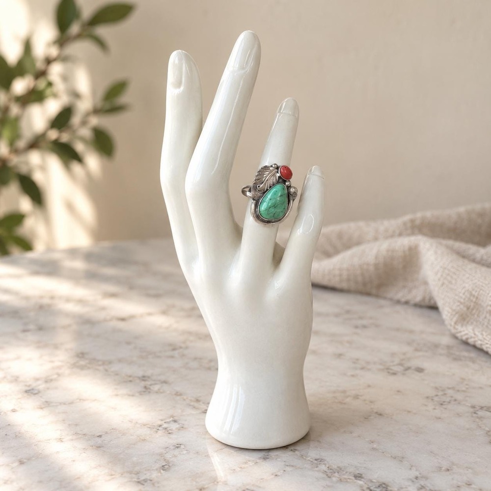 Vintage Sterling Silver Turquoise Coral Ring Size 6.25 Southwestern Navajo Style
